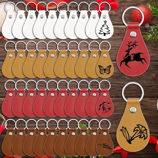 Set of 40 Leather Key Fob Kits for DIY Craft Projects, Includes PU Leather Blanks, Rivets, Key Rings, and Laser Engraving Keychains - Perfect for Handmade Holiday Gifts.