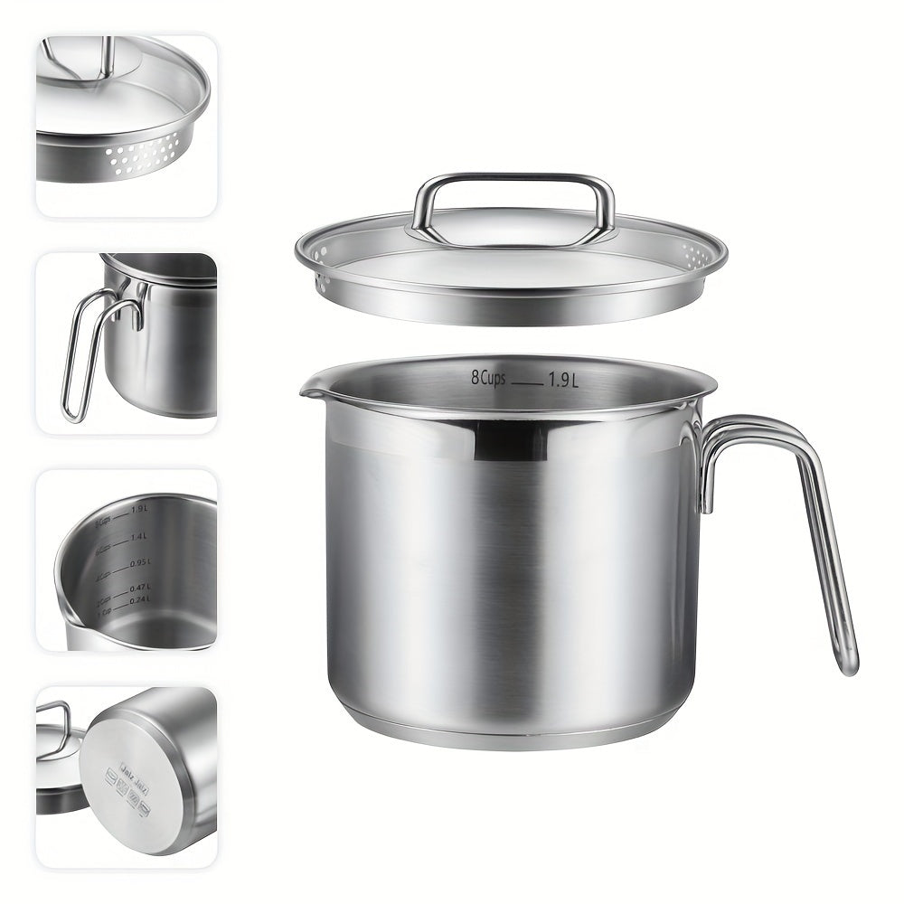 A 1.9L Kitchen Saucepan with Glass Lid, Ideal for Gas, Electric, and Glass Ceramic Cooktops - Features Measurement Marks, Pour Spout, and Induction Compatibility. Made from Stainless Steel.