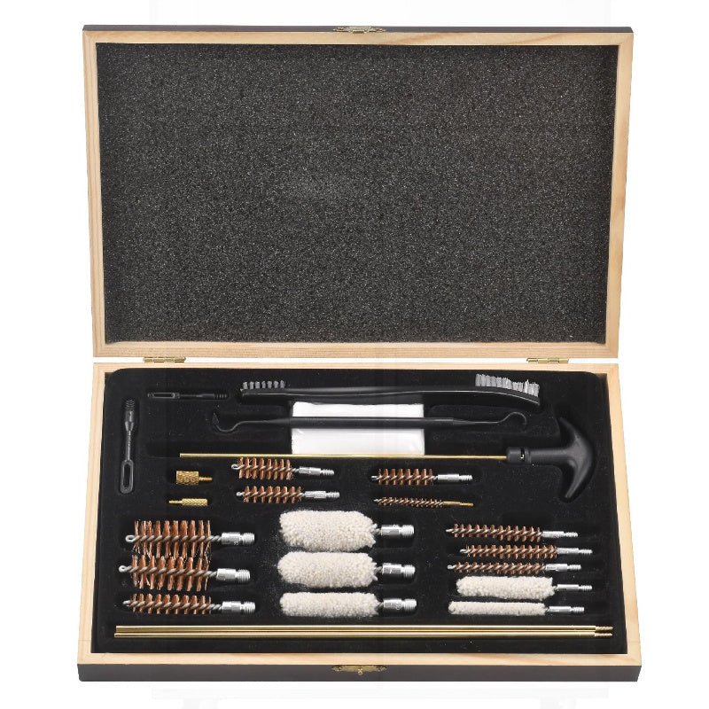 Durable plastic material gun cleaning kit with aluminum alloy case, unflagged bristle brushes, copper wire, and patches. Multipurpose set suitable for car, toilet, and kitchen cleaning.