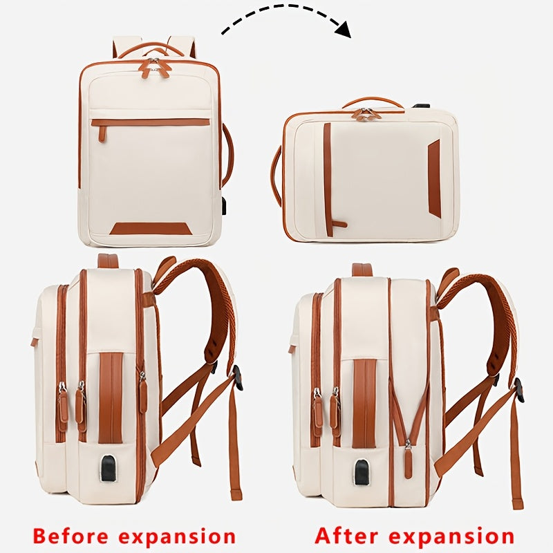 Expandable outdoor backpack with laptop compartment, wet/dry separation, ideal for students, business travel, and carry-on use.