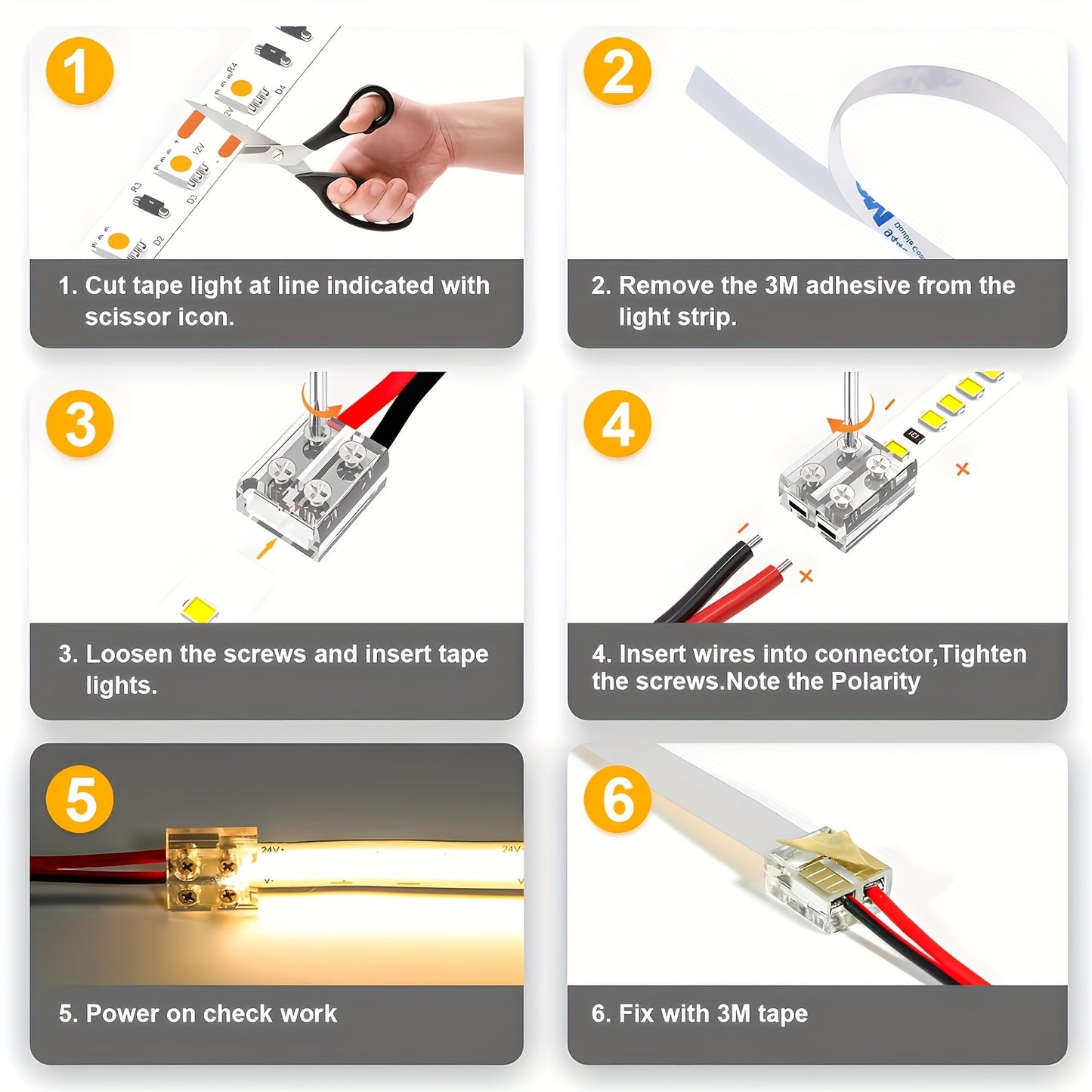 Easy-install LED strip light connectors for both home and commercial use. Includes screwdriver and solderless design for quick setup. Flexible LED tape lighting solution with solderless connection for easy installation.