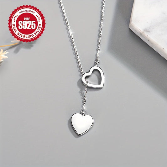 Stylish Y-Shape 925 Sterling Silver Necklace with Double Heart Pendant, Hypoallergenic Tassel Chain - Ideal for Christmas, Parties, and Gifting - Adorable K-Style Jewelry