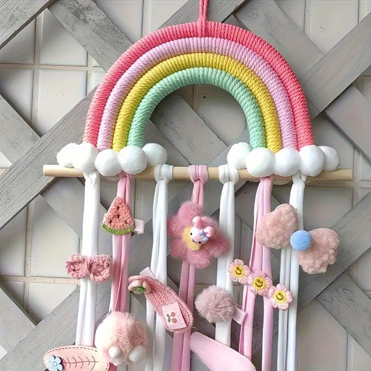 Colorful rainbow hair accessory organizer with pom-poms and tassels for girls' hair clips and bows. Lightweight canvas decor for youngsters' rooms. Rainbow design hair clip storage.