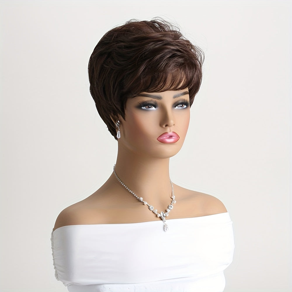 Elegant 10-Inch Synthetic Brown Curly Wig with Side Bangs for Daily Wear