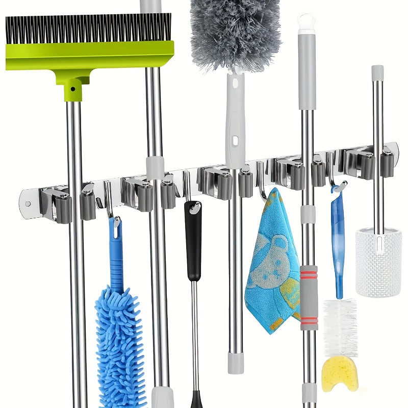 Introducing a wall-mounted mop and broom rack with 5 clips and 4 hooks, designed for easy installation without drilling. This stainless steel storage tool rack comes with perforated screws and adhesive for secure mounting. Equipped with heavy-duty hooks