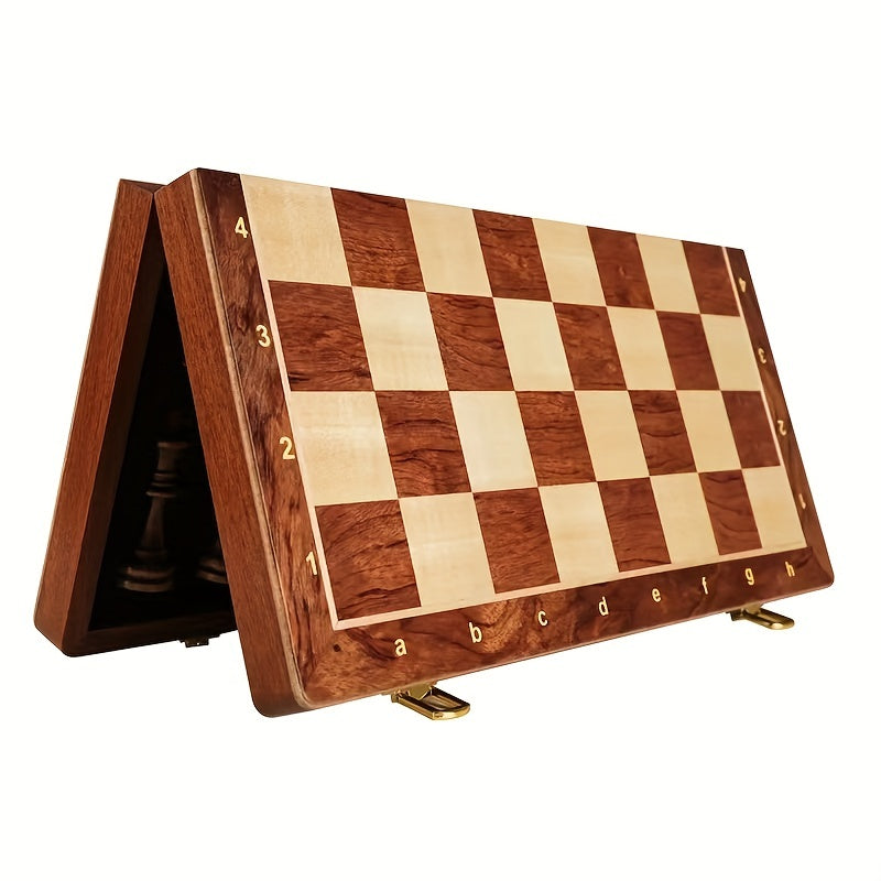 38.1cm X 38.1cm/15" X 15" Solid Wood Chess Set with Folding Board, Walnut Checkerboard, Internal Storage, 2 Bonus Queens.