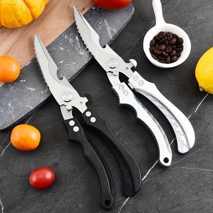 Steel kitchen shears made of stainless steel with automatic return feature, ideal for cutting chicken bones and various kitchen tasks.