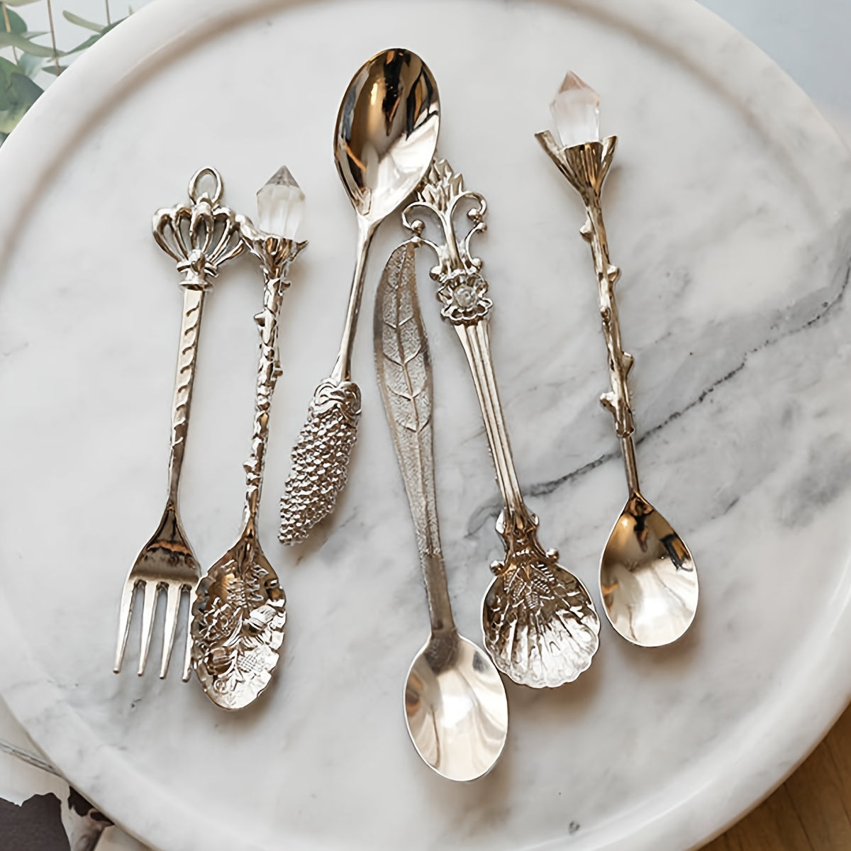 Set of 6 European golden vintage spoons for desserts and coffee, with carved fruit designs, ideal for kitchen, dining, and bar use.