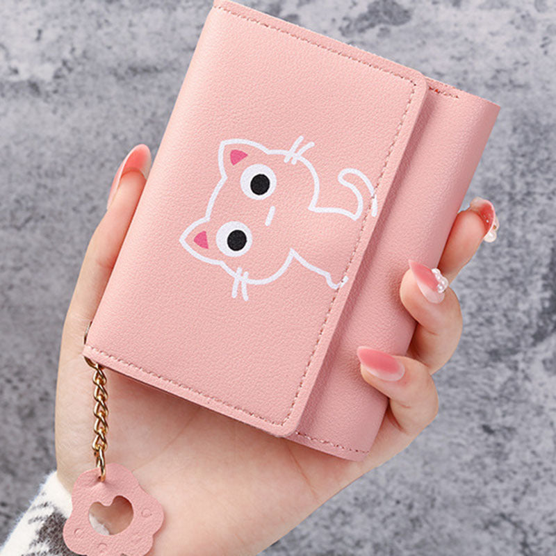 Girls' Tri-Fold Wallet with Adorable Pink Cat Cartoon Design - Compact Faux Leather Coin Purse with Keychain, Stain-Resistant & Lightweight - Ideal for Travel & Daily Use