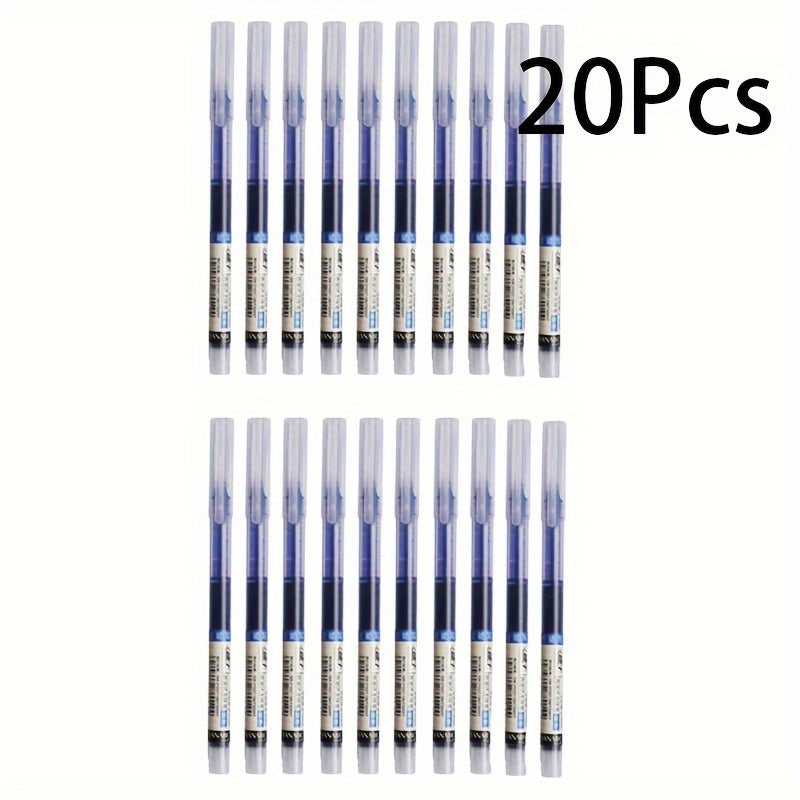 10 gel pens with blue quick-drying ink in liquid and gel formats. Suitable for school, office, and stationery stores. Made of plastic with snap cap closure, round body, and extra fine