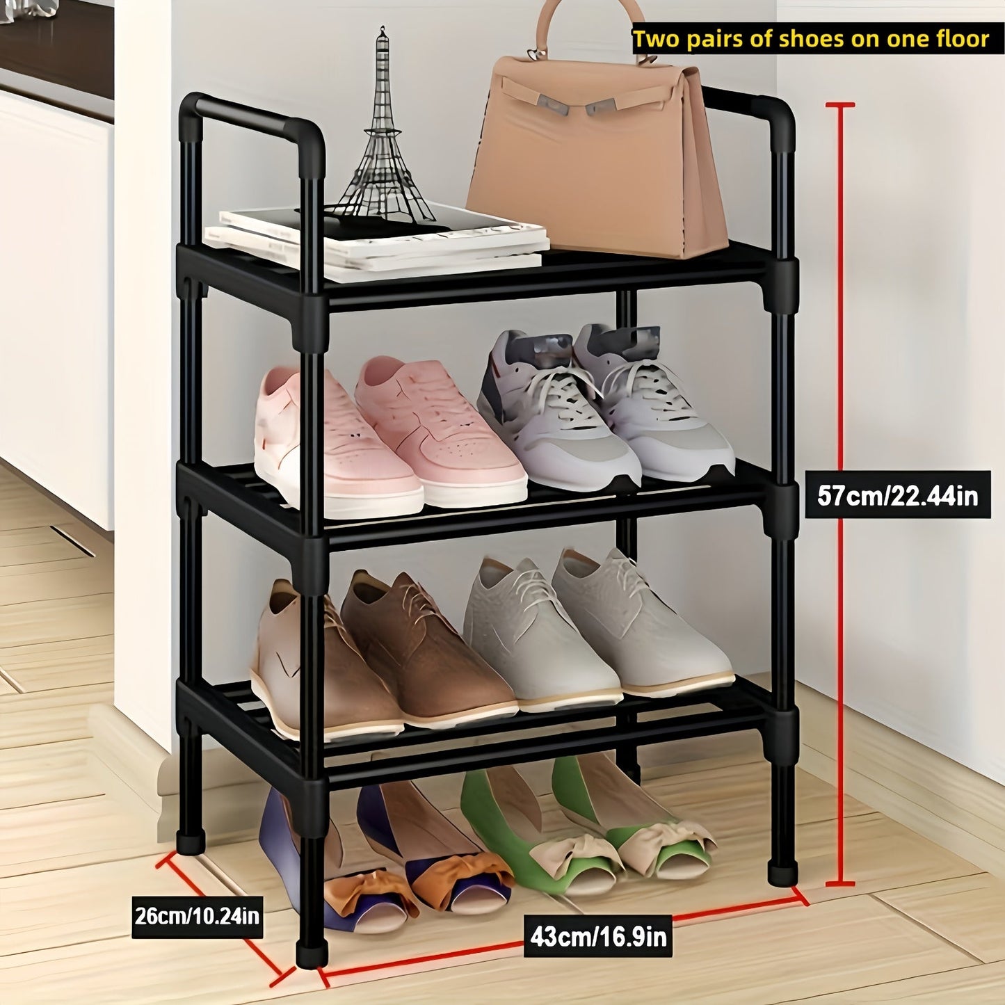 Sturdy and durable, this freestanding metal shoe rack features multiple layers for optimal storage. With zinc tubes and plastic caps, it is perfect for organizing shoes in any room of the house, including the bedroom, hallway, bathroom, or office. Ideal