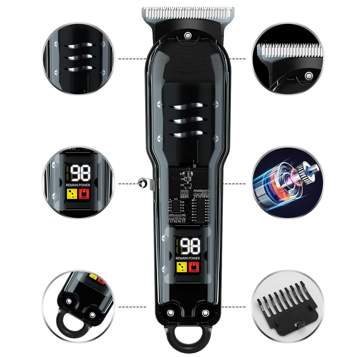 Electric hair clipper with LCD display, rechargeable via USB for home, travel, and salon use.