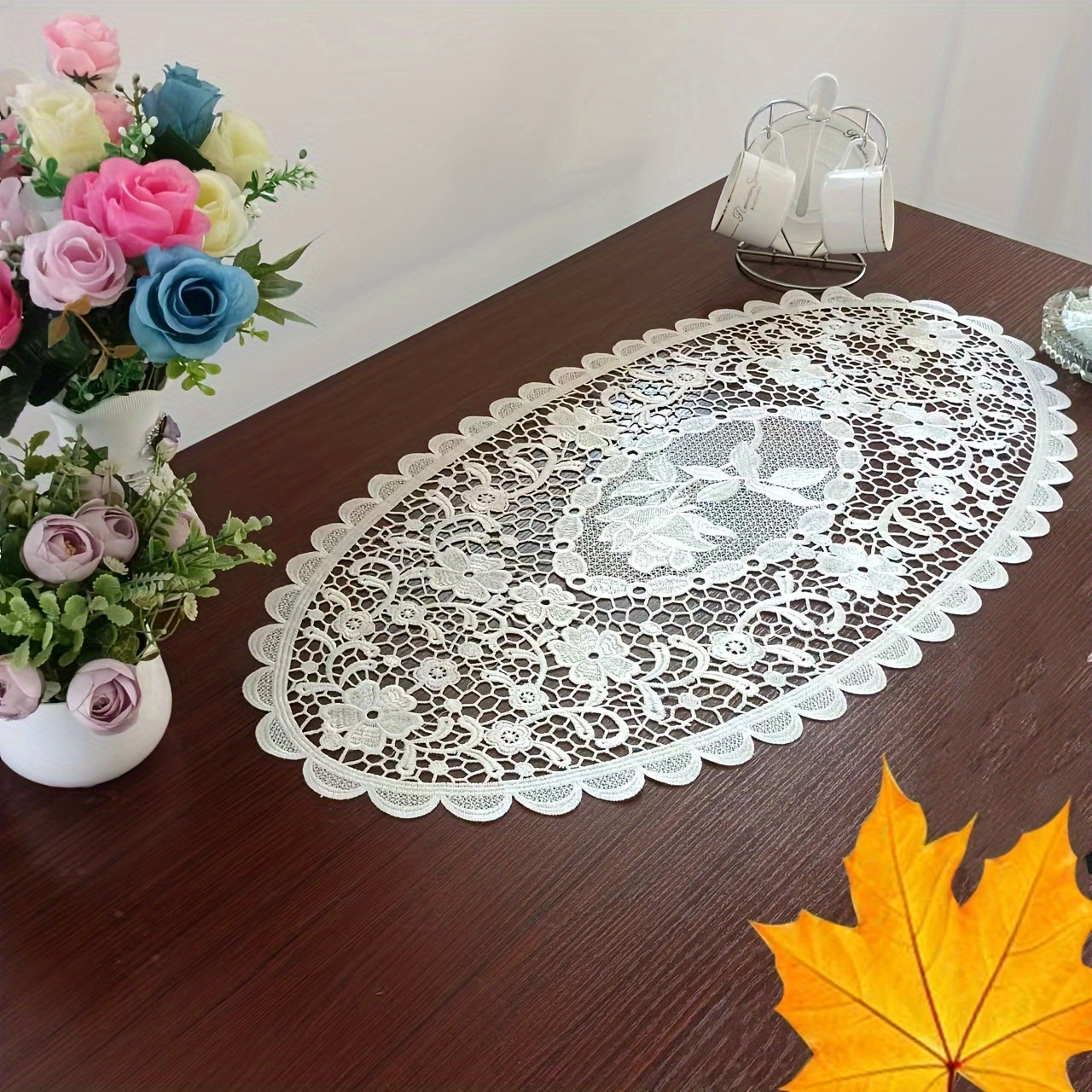 Polyester placemats with white lace embroidery, Nordic-style table decoration mat for coffee table, household bowl or plate decor, enhancing home decoration.