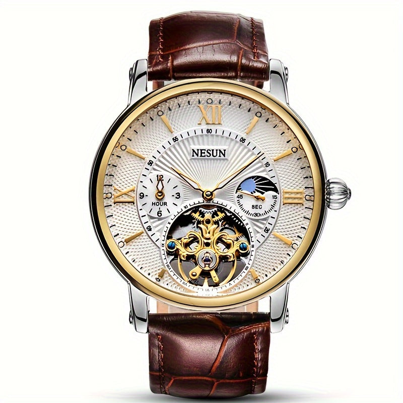 Nesun men's mechanical watch with luminous design and hollow style, perfect for business gentlemen. This fully automatic watch doesn't require a battery and makes a great gift for men.