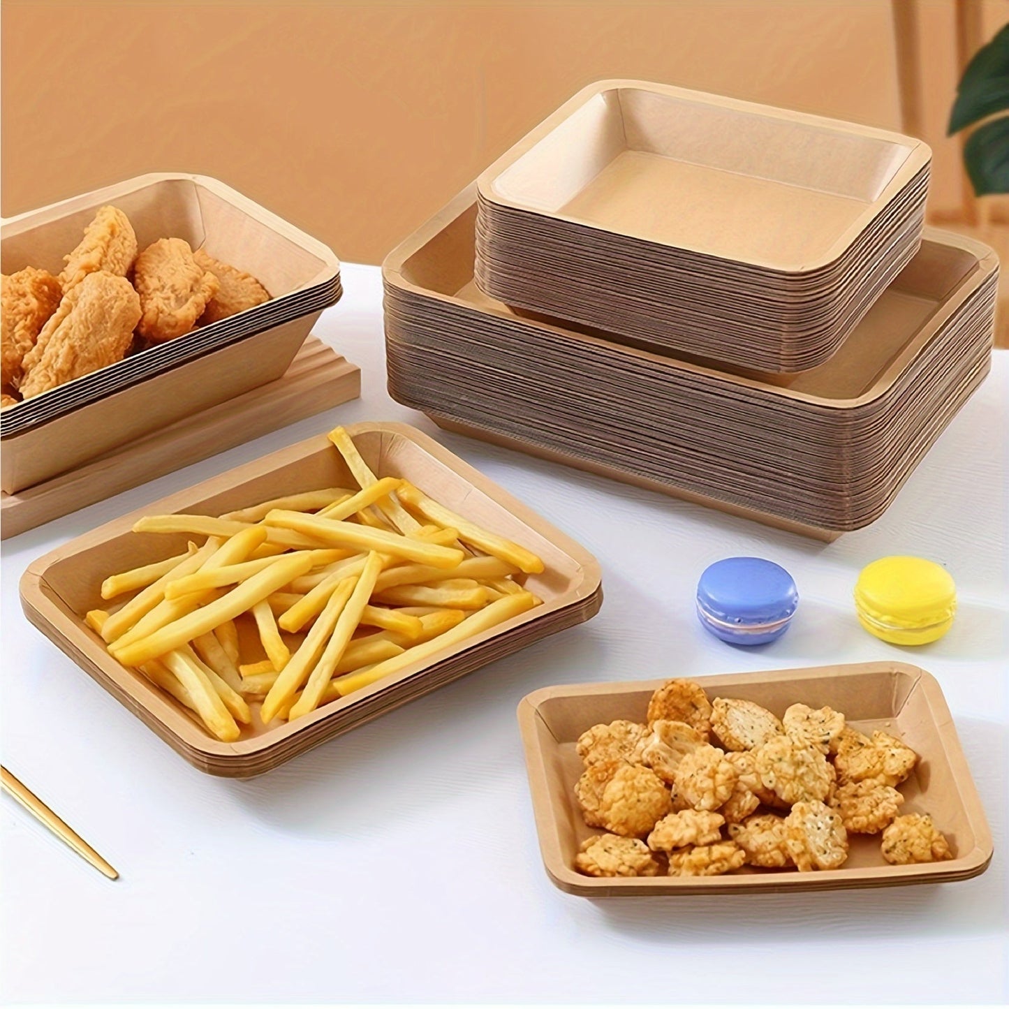 25 pieces of heavy duty disposable rectangle food trays, made from compostable, extra large paper. Perfect for serving crawfish, lobster, and crab at parties, BBQs, and crawfish boils. Accessories included.