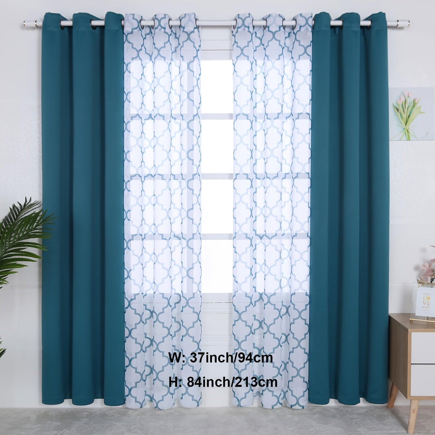 Blackout Curtains and Sheer Panels with Snowflake Pattern, Including Rods, Indoor Set of 4, Weighing 200 Grams in Total.