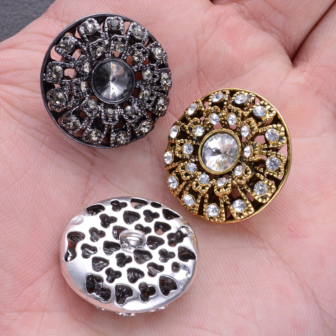 Set of 5 Vintage Round Rhinestone Buttons - Stylish Hollow Design for Sweaters, Blazers, Coats, and DIY Fashion Projects