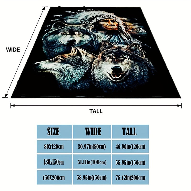 1 piece of retro Indian and wolf pattern printed blankets, with flange detail and made from soft, warm fabric perfect for using on sofas, in offices, or on beds while camping. These blankets are versatile and can be used as NAP blankets, making them a