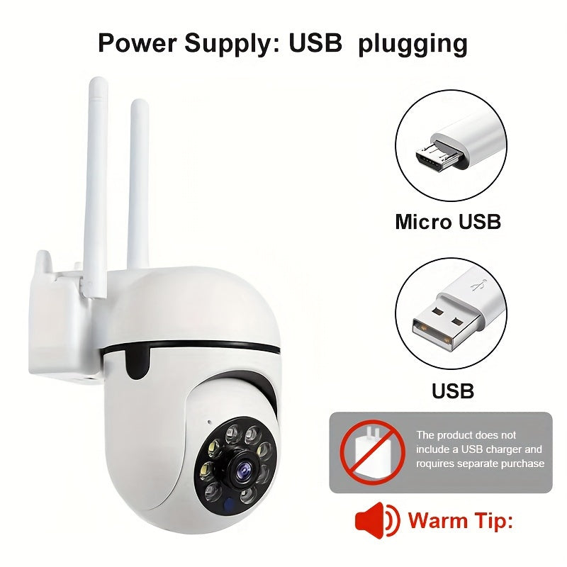 The YIIYRY 1080p HD Smart Security Camera offers 360° Pan/Tilt/Zoom capabilities, Night Vision, Two-Way Audio, Pet Detection, and is suitable for both indoor and outdoor use. It is USB powered and Wi-Fi enabled, housed in a sleek round ABS design.