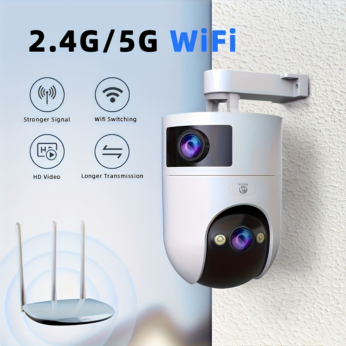 Outdoor PTZ IP Camera with 4K resolution, equipped with dual 2.4G and 5G WiFi capabilities and dual lenses. Featuring auto tracking, this camera serves as a babysitting monitor and street security camera with dual screens for optimal monitoring.