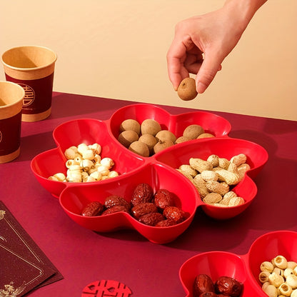 Heart-shaped 4-section plastic snack serving tray, perfect for parties and events, suitable for all seasons, can hold nuts, candy, dried fruits, and salads. Ideal for weddings, engagements, and Diwali celebrations.