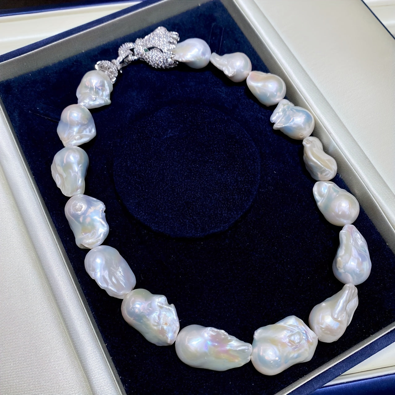 Large Baroque Freshwater Pearl Necklace with Irregular Sweater Chain, Clavicle Jewelry in French Style. Comes with Gift Box and features Slight Imperfections and Synthetic Cubic Zirconia. Suitable for All-Season Wear, Ideal for Parties & Holidays.