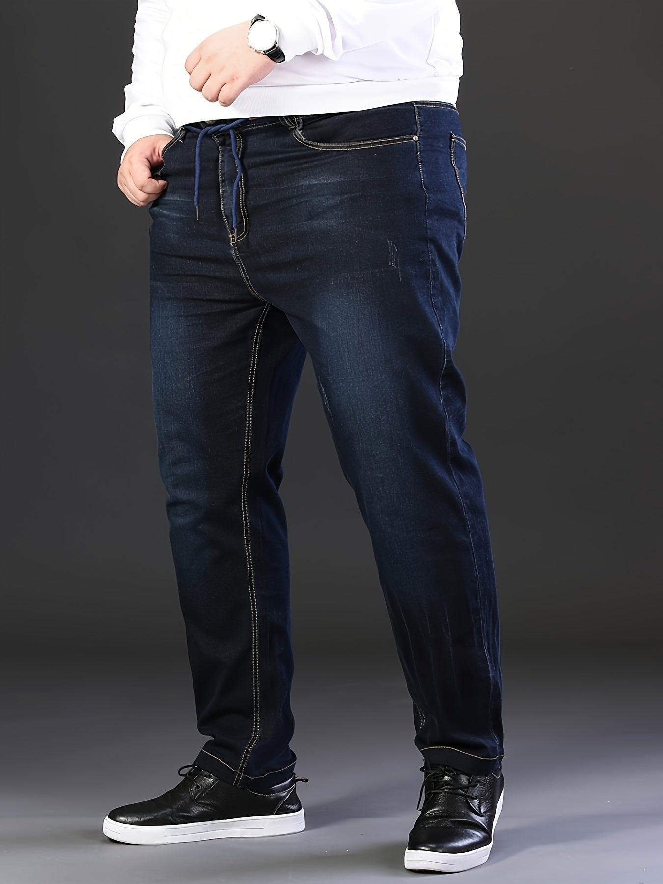 Stretchy ribbed elastic waist jeans for men, perfect for business casual wear. Plus size available.