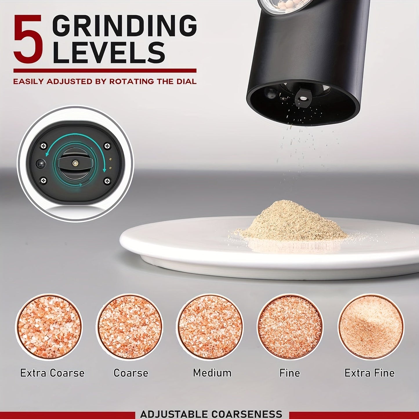 Portable Two-Pack with Charging Base containing LED Light Electric Tool for grinding Sea Salt, Black Pepper, and Seasoning Salt with automatic adjustable grinding feature.