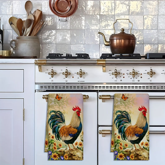 2 ultra-absorbent microfiber dish towels with rooster design in rustic farmhouse style. Suitable for kitchen, bathroom, and office cleaning. Machine washable, 45.72x71.12 cm. Ideal for Thanksgiving.