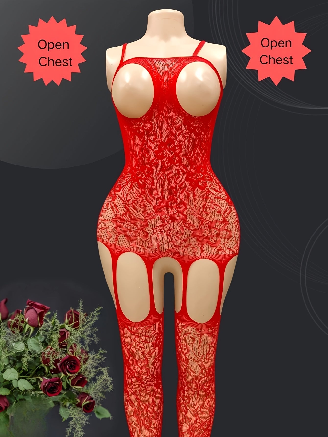 1pc sexy jacquard sheer bodysuit for women made of 95% polyamide and 5% elastane. Knit fabric, light support, no chest pad. Adult fishnet lingerie with shoulder straps and open crotch