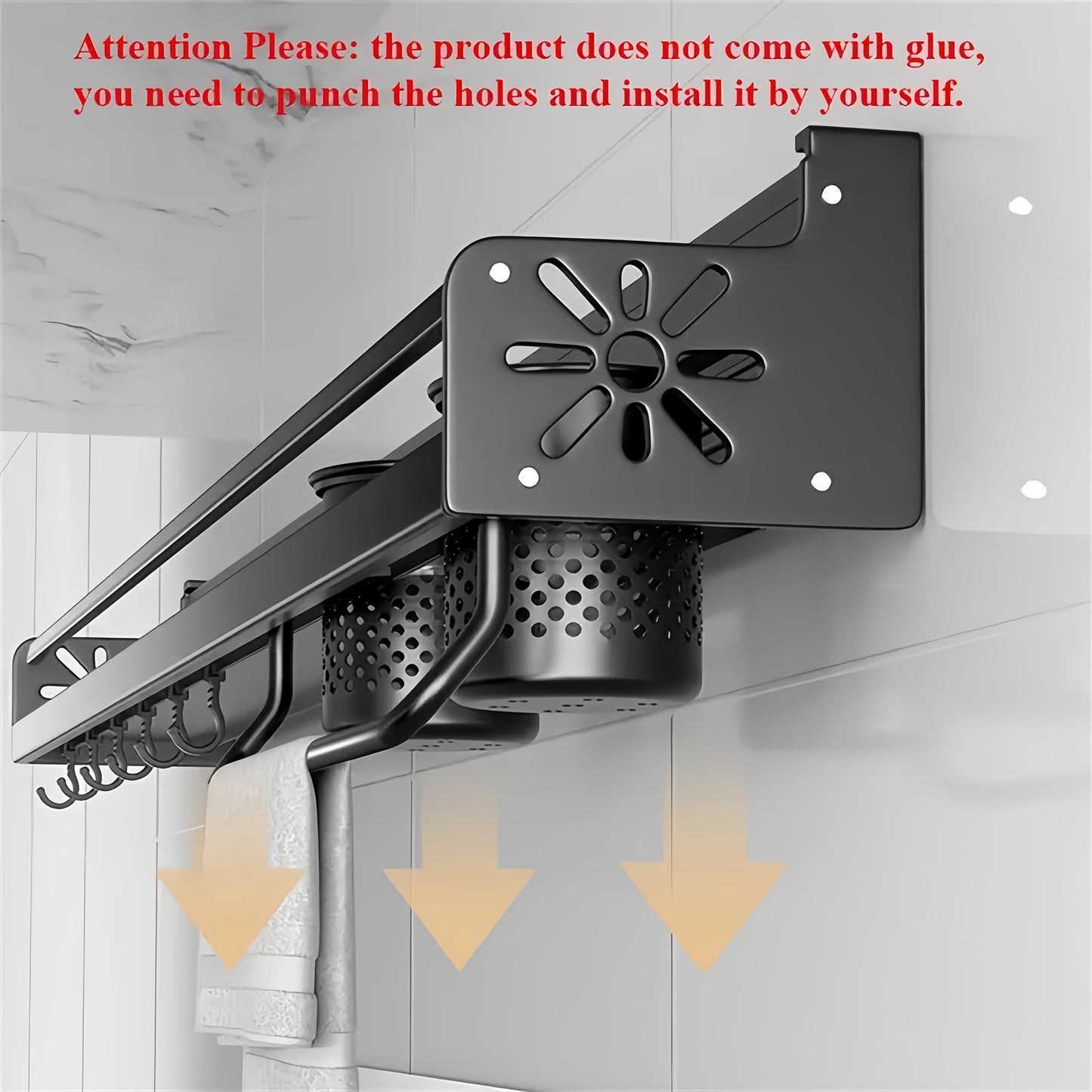 Wall-mounted rack for kitchen organization. Ideal for storing knives, cutting board, and utensils. Durable powder-coated finish. Efficient space-saving design.