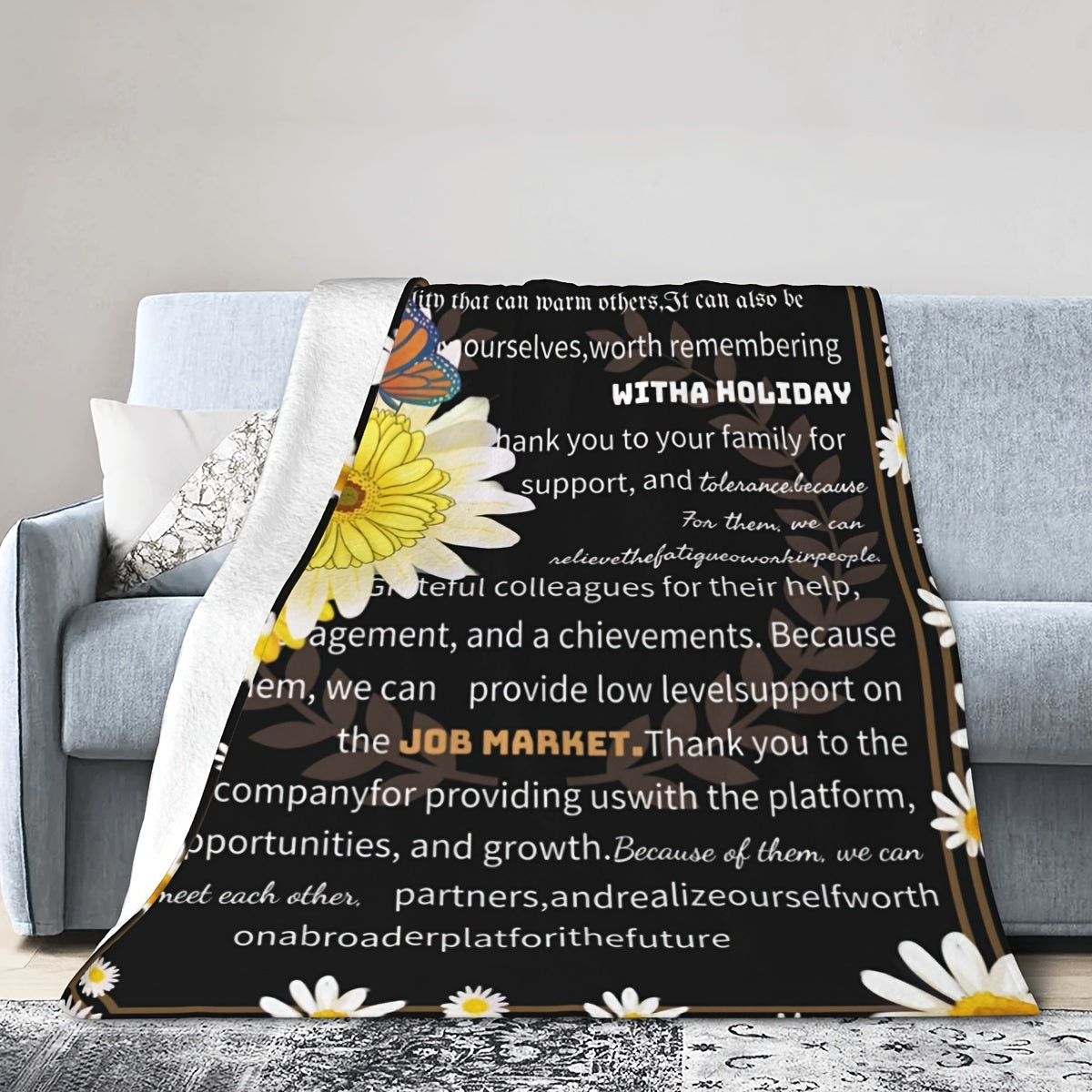 Stylish Knitted Polyester Throw Blanket Featuring Thank You Message for Friends and Colleagues, Perfect Gift for All Seasons, Adorned with Floral and Butterfly Details.