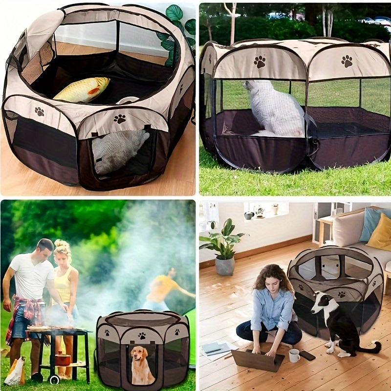 Foldable cat tent bed made of durable polyester with paw print design, zippered door for indoor/outdoor use.