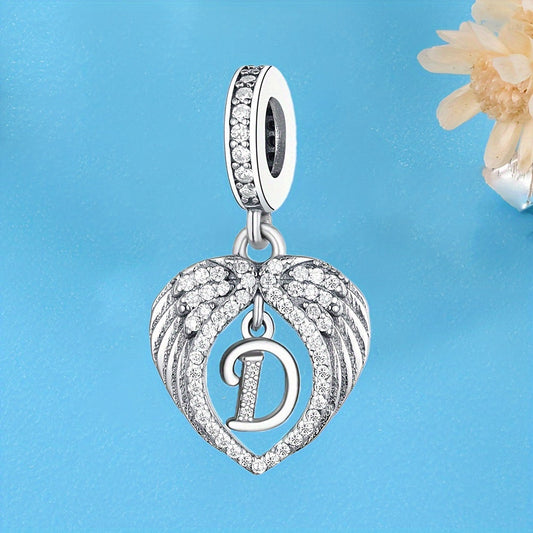 925 Sterling Silver Heart-shaped Wing Pendant with Synthetic Zircon Letter Pattern for DIY Jewelry Making, Perfect Gift Idea