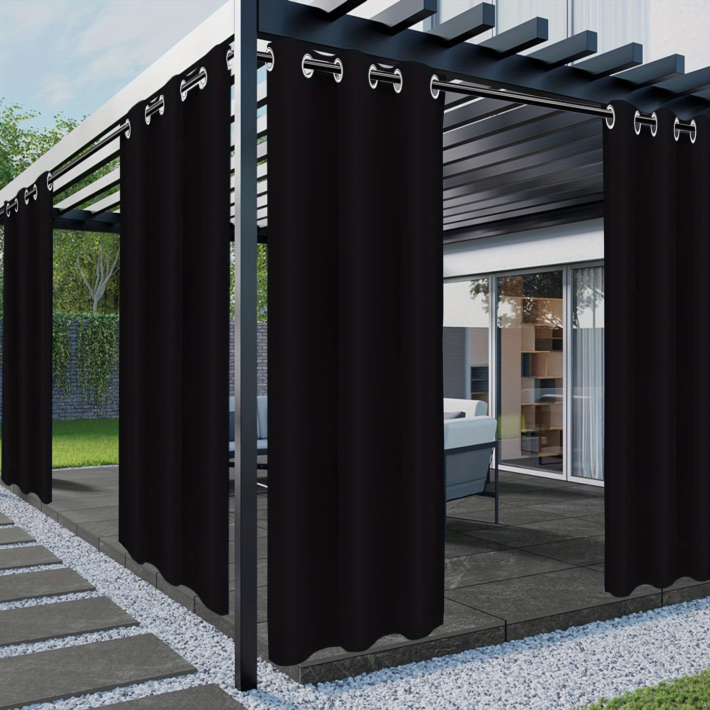 Contemporary outdoor patio curtain with waterproof, UV protection and fade-resistant features. Includes rust-proof grommets for easy installation.