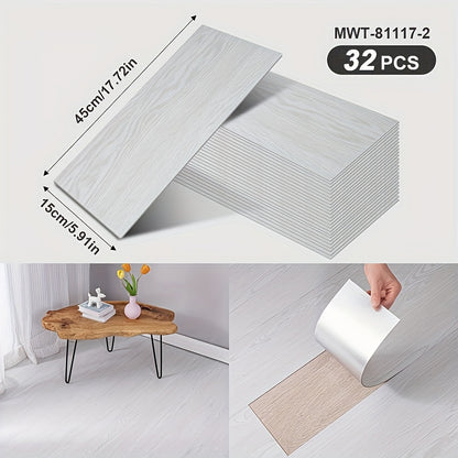 32 peel and paste floor tiles with wood grain design, 45cmx15cm, self-adhesive, waterproof, suitable for bedroom and home decor.