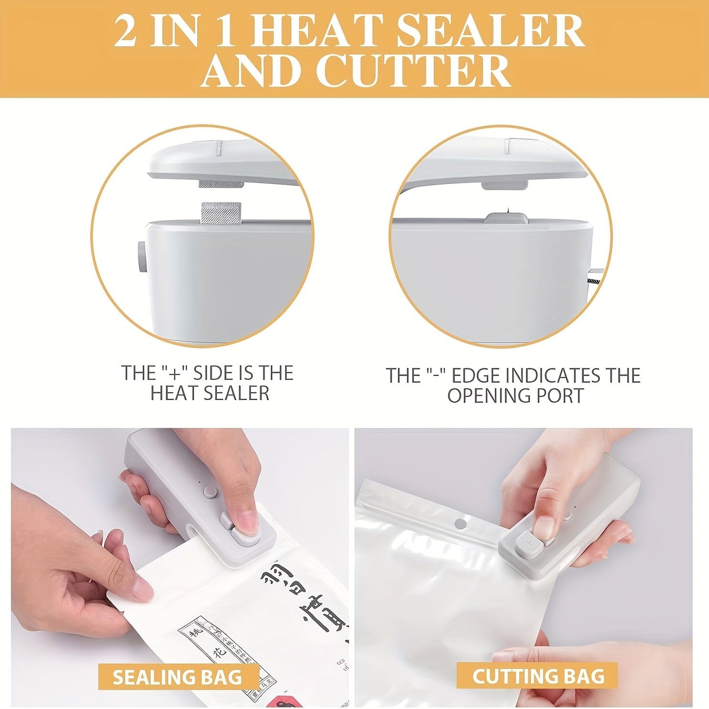 Introducing the WOSERLD 2 in 1 Mini Bag Sealer and Cutter! This handy tool features a rechargeable 12W ABS heat seal function, perfect for sealing plastic snack bags. The semi-automatic vacuum food sealer is portable with a magnetic design, USB charging