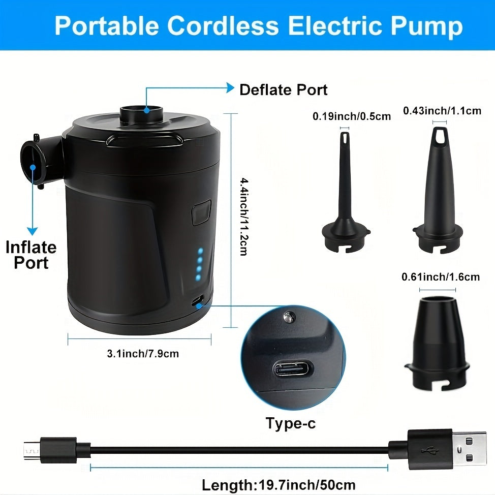 Portable dual-purpose electric pump for swimming pool, air mattress, etc. - 5200mAh rechargeable battery, black.