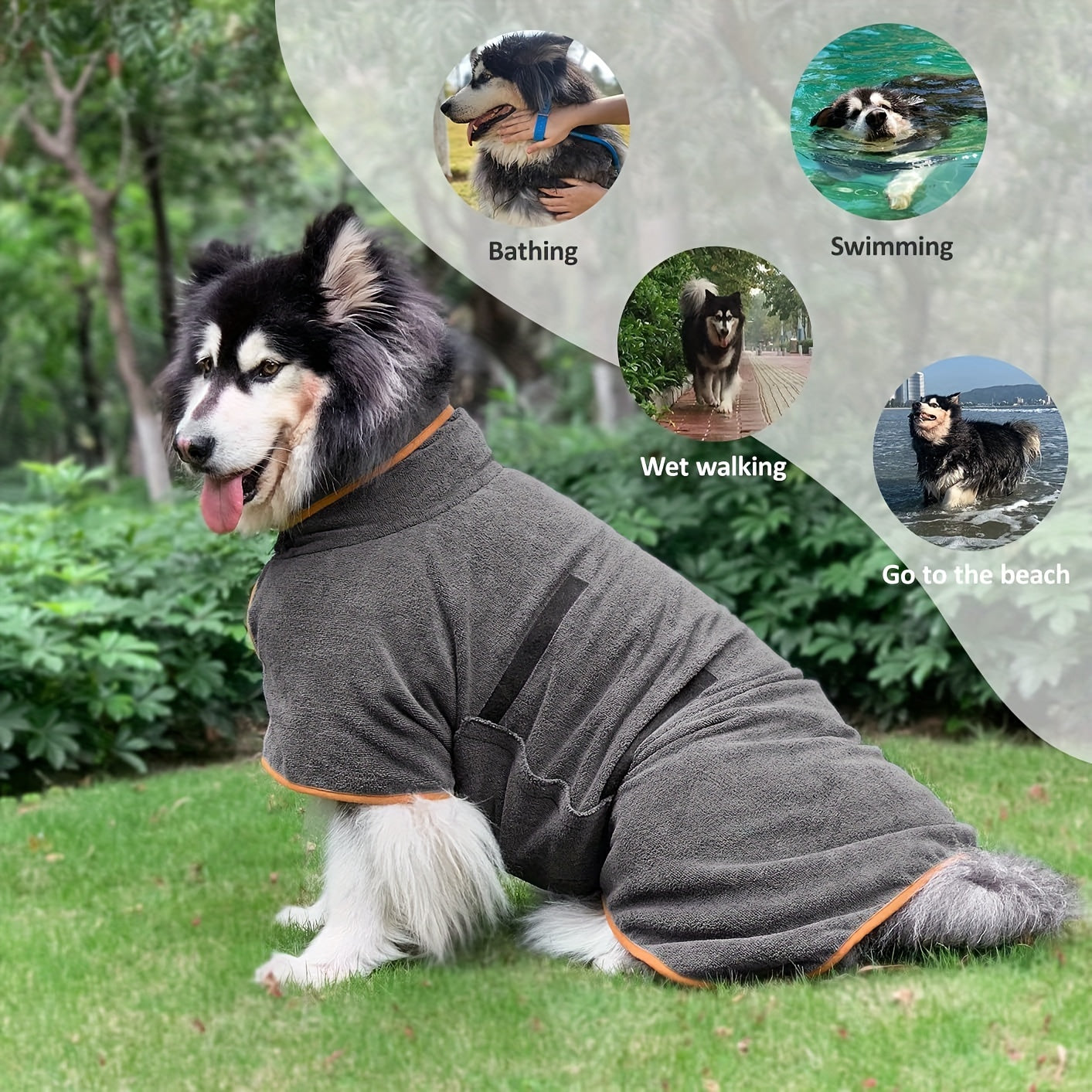 Highly absorbent pet bath towel for dogs, plush microfiber grooming robe, soft cleaning cloth.