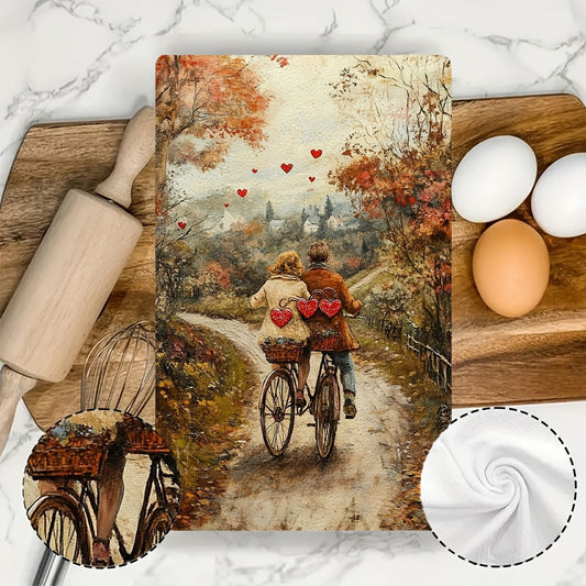 2 Pieces of Ultra Soft Kitchen Towels featuring a couple riding a tandem bicycle decorated with heart-shaped bells down a country lane. These highly absorbent dish hand towels are perfect for holiday decor. They are machine washable and measure 16x24