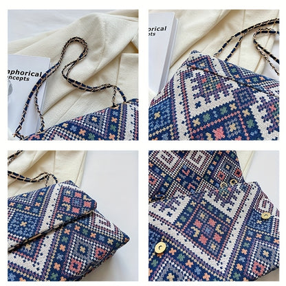 Colorful geometric shoulder bag for women with adjustable strap, magnetic closure, foldable ethnic style, and polyester lining.