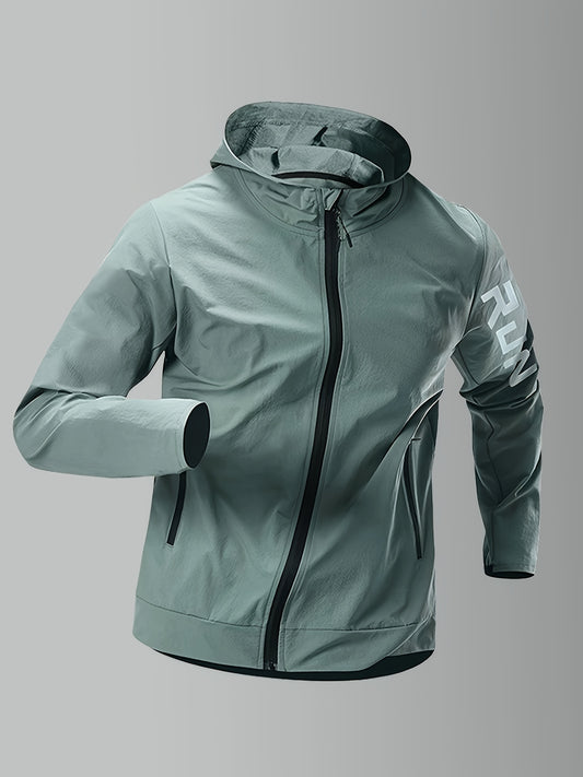 Men's hooded jacket made of 90% polyamide and 10% spandex with alphabet pattern. Features zipper closure and is suitable for hiking, running, and outdoor activities in spring, fall, and