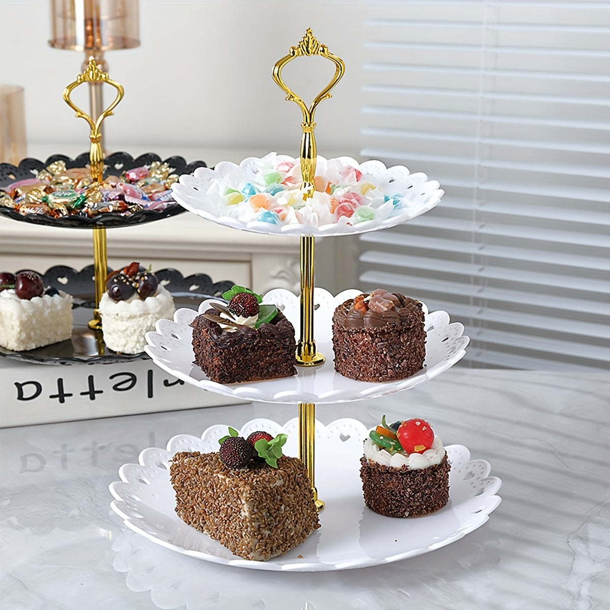 6pc, 3-tier Cupcake Holders Set in white/black for tea ceremonies, weddings, receptions, and buffets.