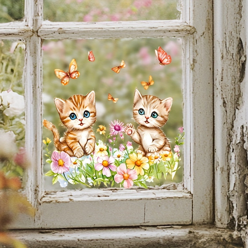 Glass stickers featuring a pair of cats catching butterflies and flowers, designed to prevent collisions. These self-adhesive stickers are simple to apply and can be used on bathroom, bedroom, living room, door, and window glass surfaces for home