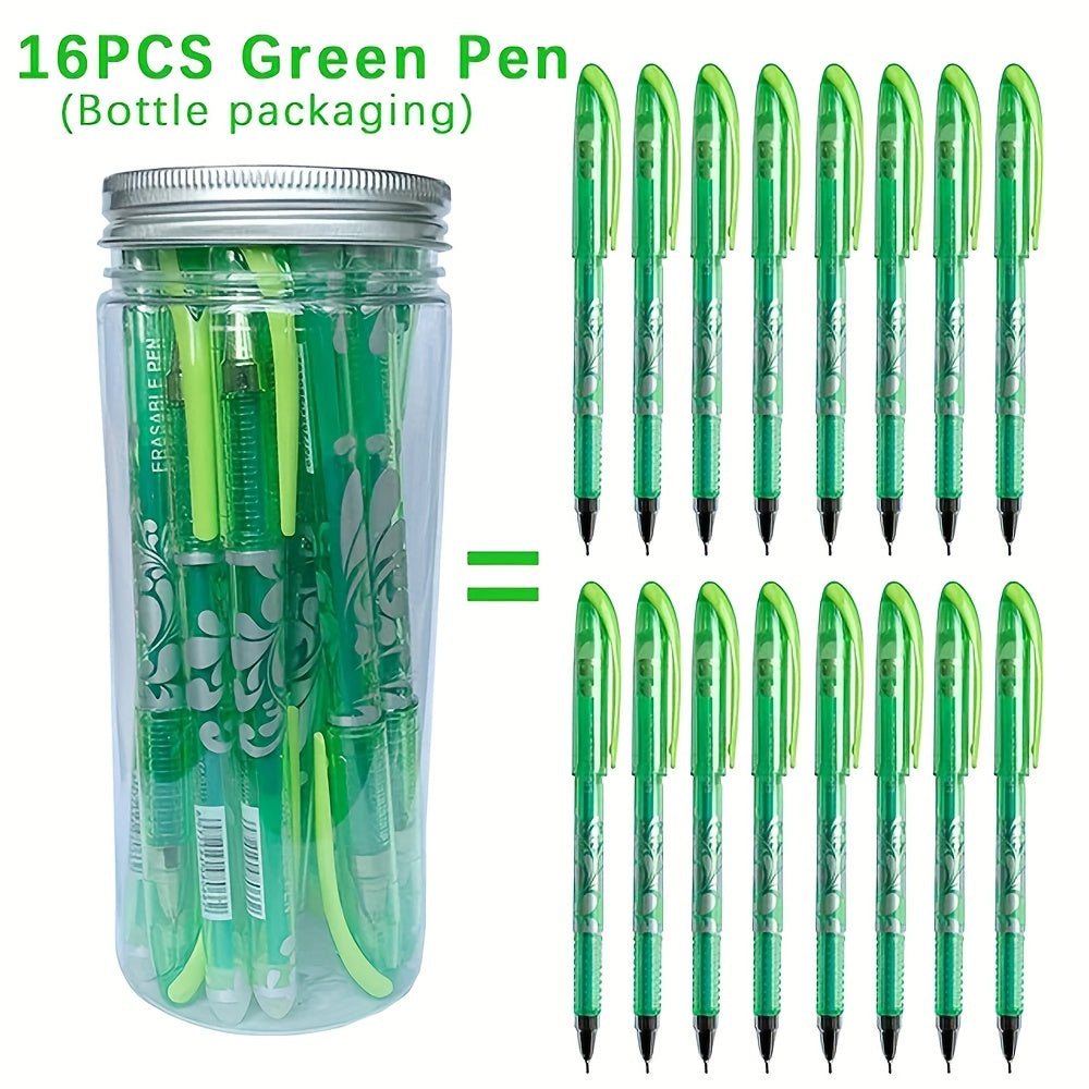 16 erasable gel pens with a 0.5mm tip in 6 colors, stored in a creative bottle for students and office use.