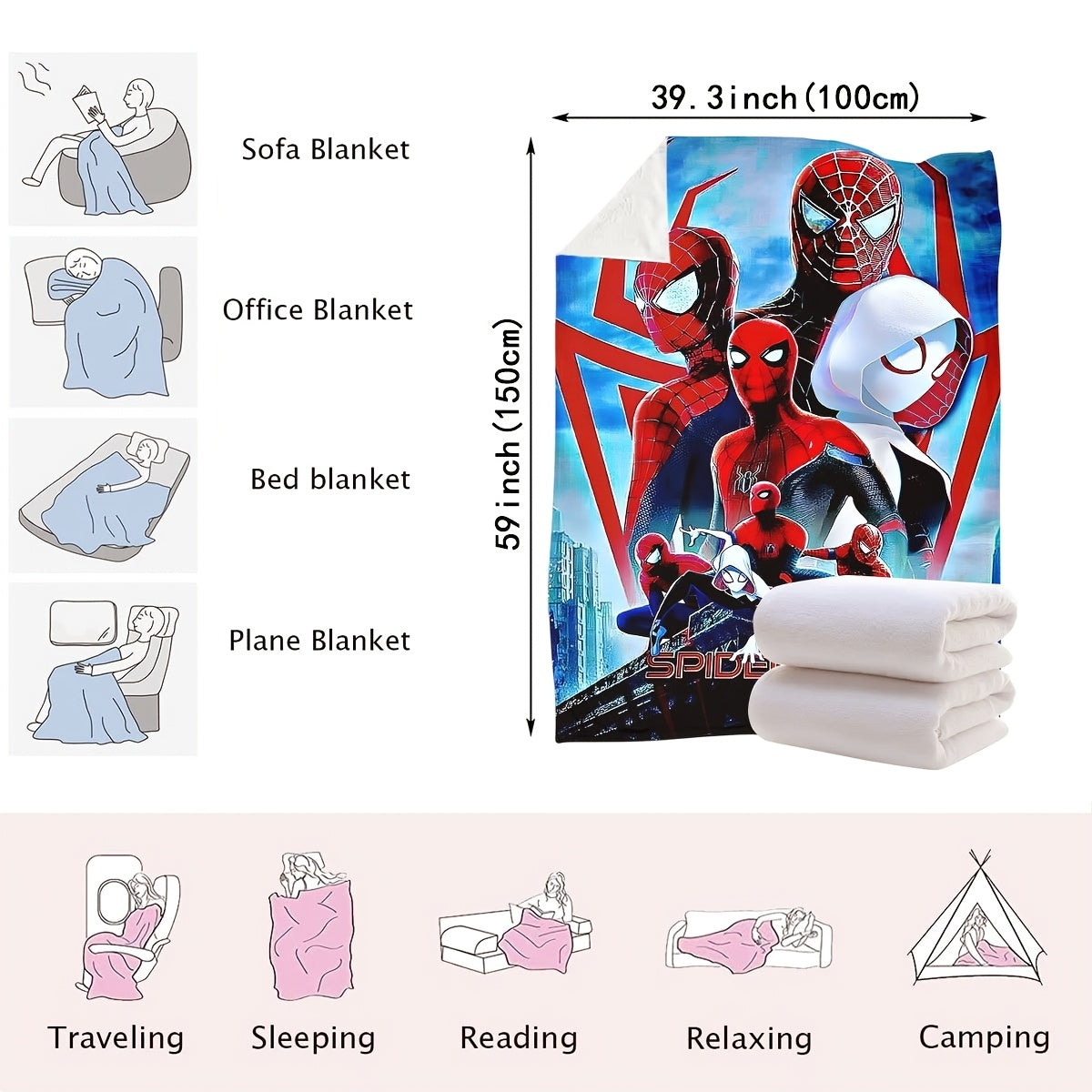 Four Spider-Man-themed decorative blankets that can be used as carpets, bed covers, towels, nap blankets, leisure blankets, and travel blankets. Made from knitted polyester, these blankets are modern and versatile, suitable for use in all seasons.