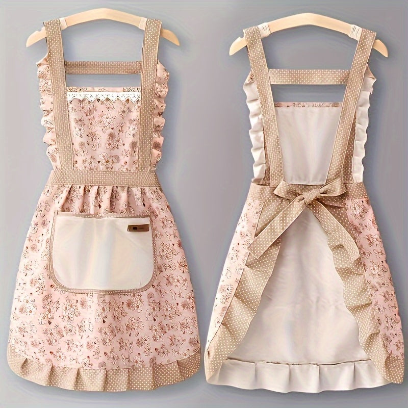 Floral lace princess apron with pocket for hand wipes, suitable for kitchen, living room, and bathroom cleaning.