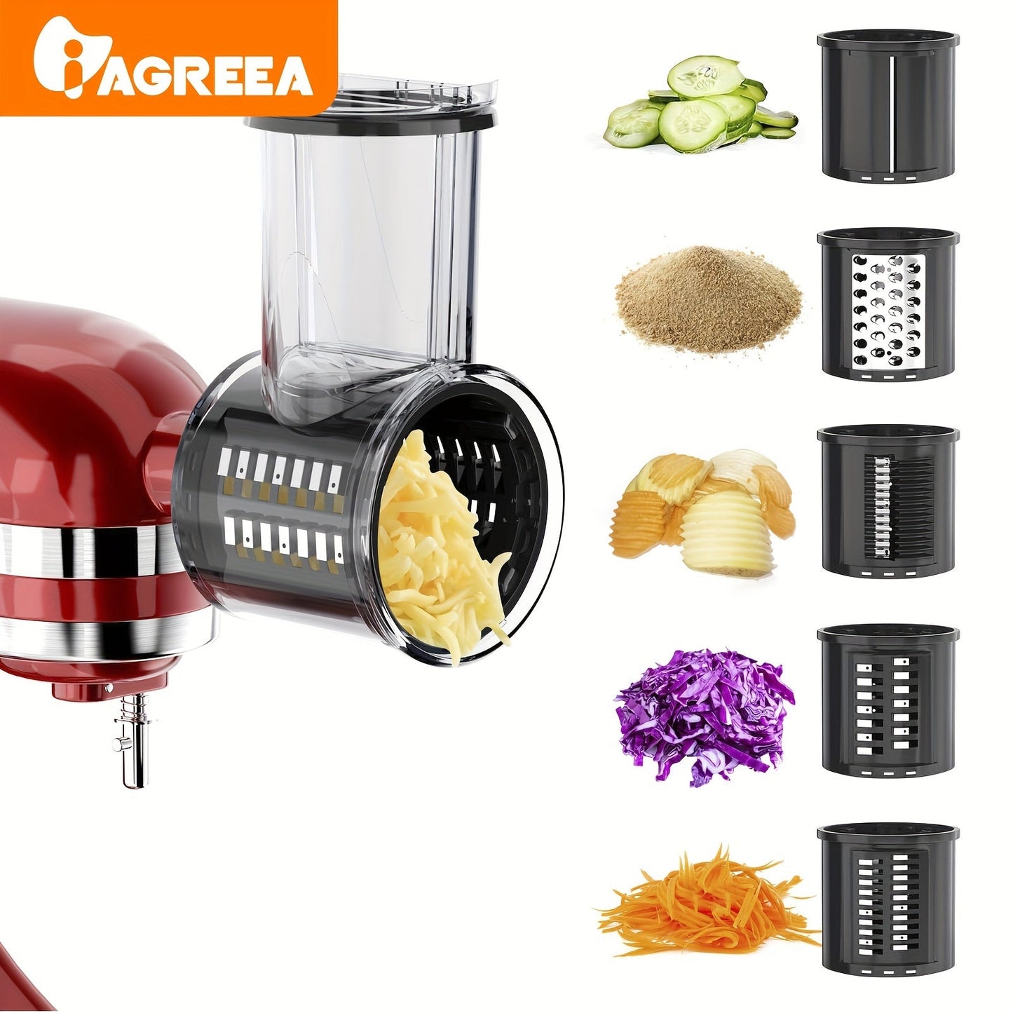 Compact vegetable cutter designed for use with the KitchenAid Fresh Prep Slicer/Shredder and KitchenAid Stand Mixer Slicer-Shredder accessories. This versatile tool can also be used as a cheese grinder and is compatible with various kitchen utensils. It