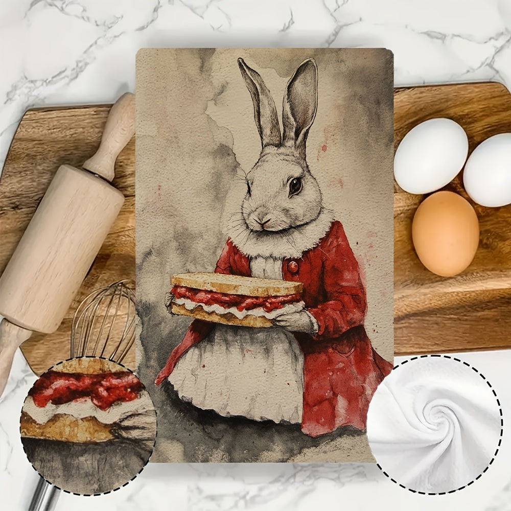 Set of 2 Adorable Rabbit Sandwich Illustration Kitchen Towels - Made of Ultra Soft and Highly Absorbent Polyester Material, Easy to Clean in Washing Machine, Size: 40.64x60.96 cm - Ideal for Decorating during the Holidays, Cute and Funny Addition to your