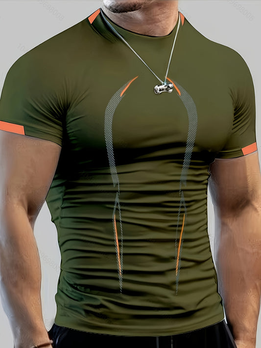 Slim Fit Crew Neck Short Sleeve T-shirt with Color Block Pattern, ideal for Men's Summer Fitness Training and Outdoor Activities